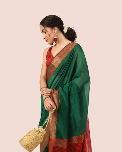 Dark Forest Green Maheshwari Handwoven with Red Jari Pallu saree