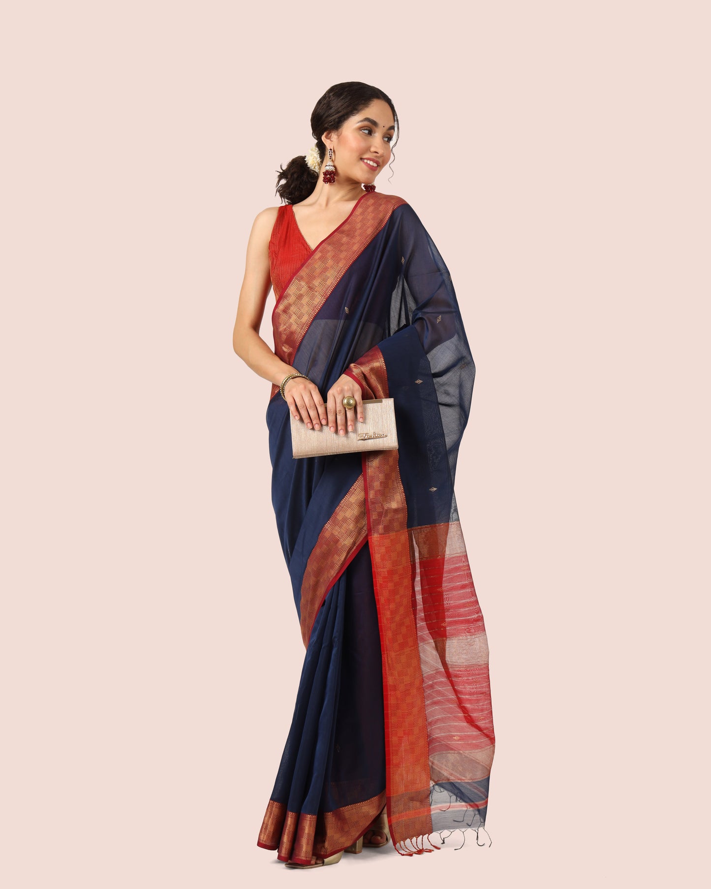 Navy Blue with Jari Red Pallu Maheshwari handwoven saree