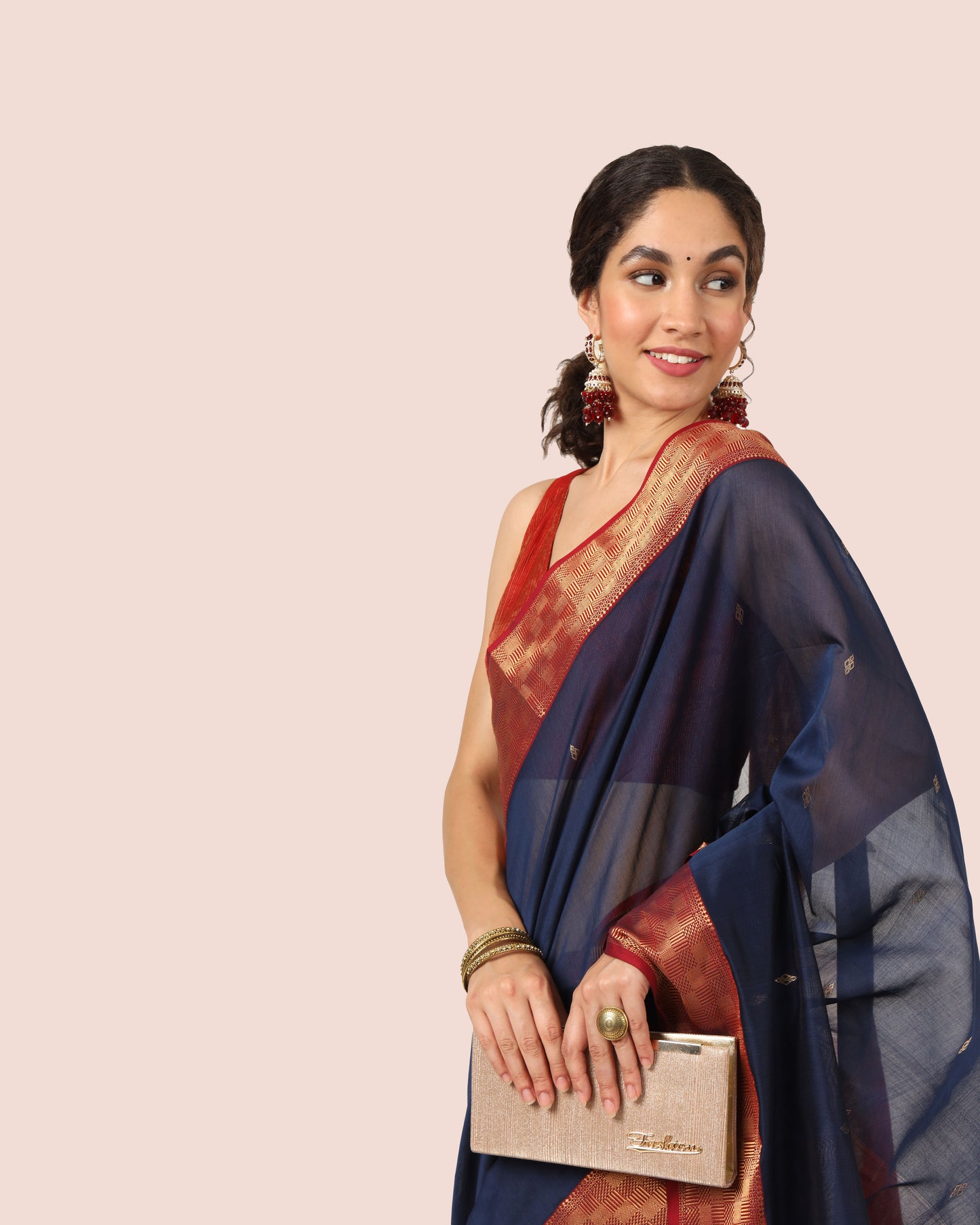 Navy Blue with Jari Red Pallu Maheshwari handwoven saree