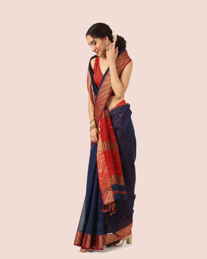 Navy Blue with Jari Red Pallu Maheshwari handwoven saree