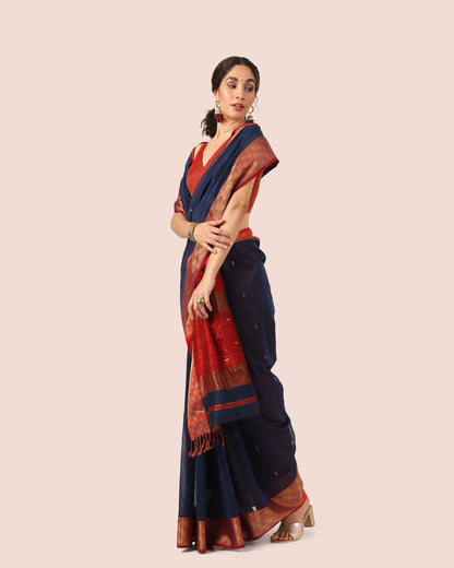 Navy Blue with Jari Red Pallu Maheshwari handwoven saree