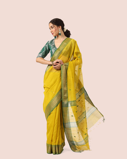 Yellow Maheshwari Handwoven Silk Cotton with Jari Butti Pallu