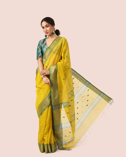 Yellow Maheshwari Handwoven Silk Cotton with Jari Butti Pallu