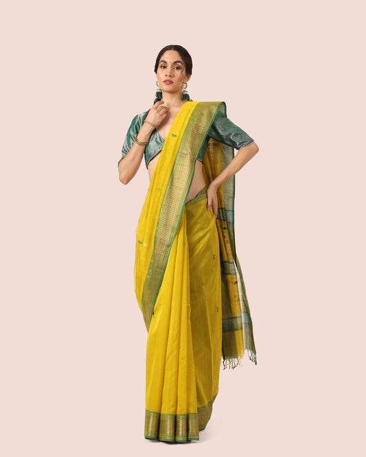 Yellow Maheshwari Handwoven Silk Cotton with Jari Butti Pallu