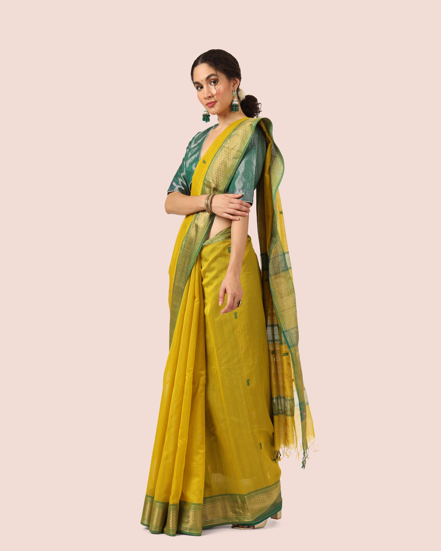 Yellow Maheshwari Handwoven Silk Cotton with Jari Butti Pallu