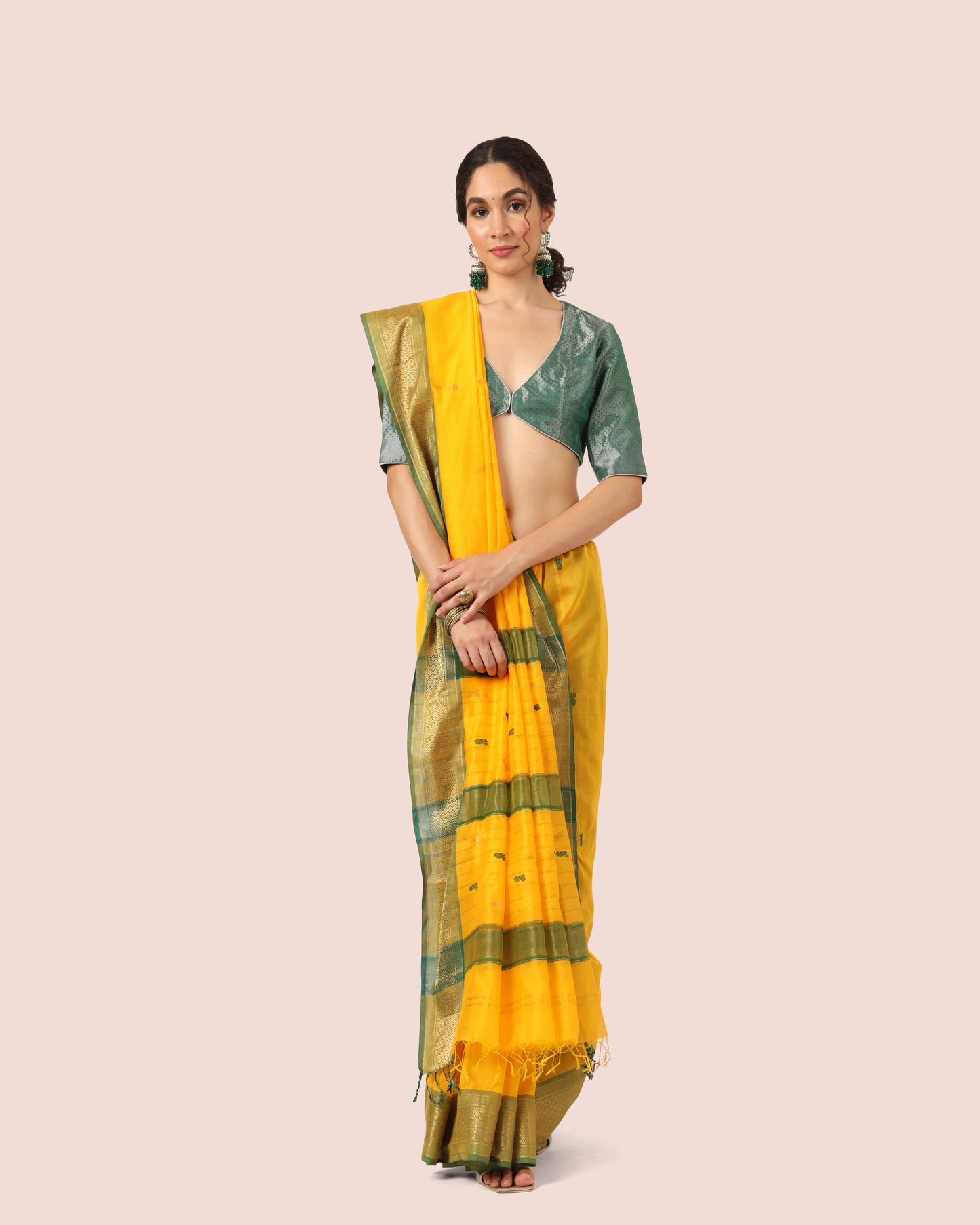 Yellow Maheshwari Silk Cotton With Gold Jari Pallu