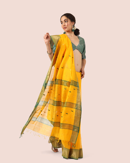 Yellow Maheshwari Silk Cotton With Gold Jari Pallu