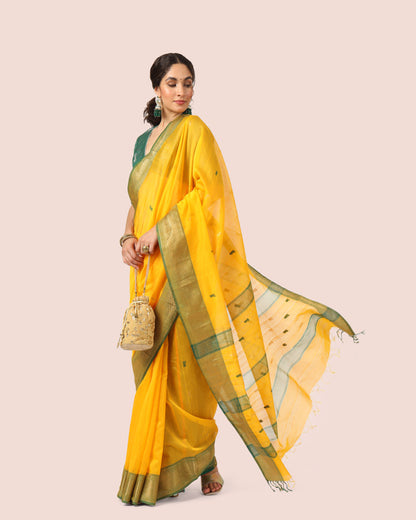 Yellow Maheshwari Silk Cotton With Gold Jari Pallu