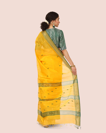 Yellow Maheshwari Silk Cotton With Gold Jari Pallu