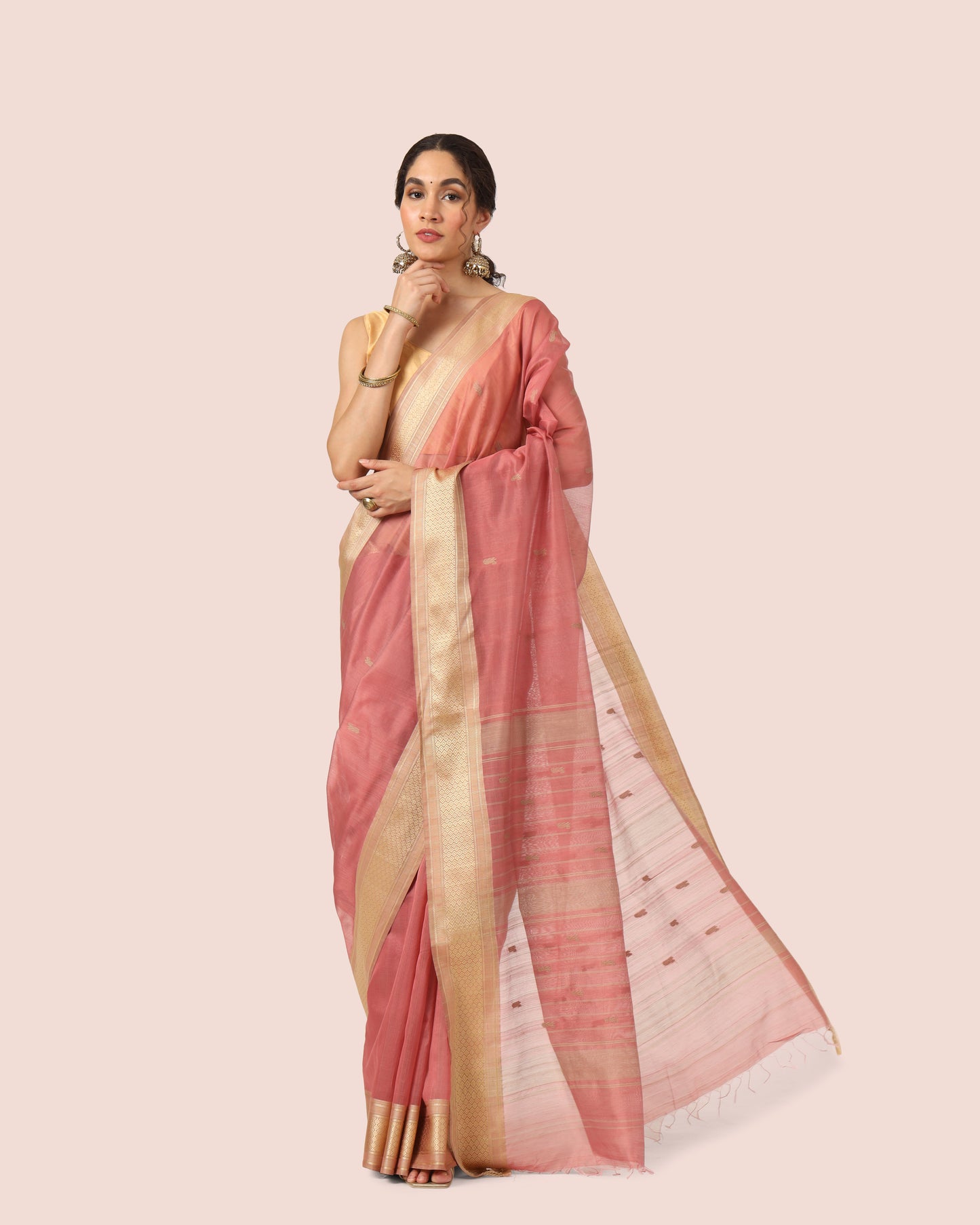 Peach Maheshwari Handwoven Silk Cotton With Gold Jari Butti Pallu