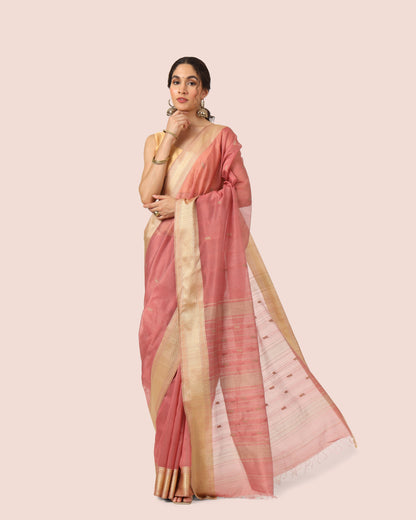 Peach Maheshwari Handwoven Silk Cotton With Gold Jari Butti Pallu