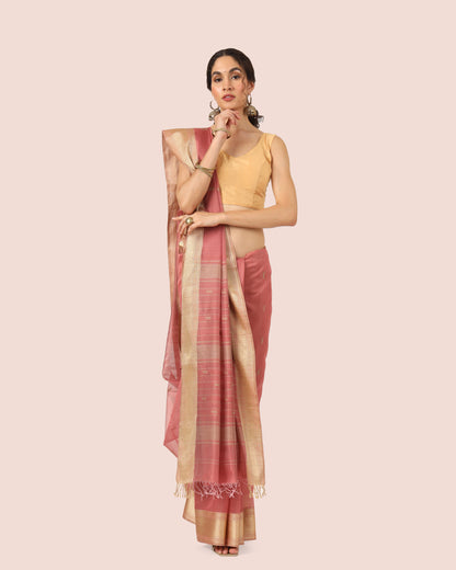 Peach Maheshwari Handwoven Silk Cotton With Gold Jari Butti Pallu