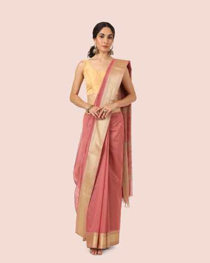 Peach Maheshwari Handwoven Silk Cotton With Gold Jari Butti Pallu