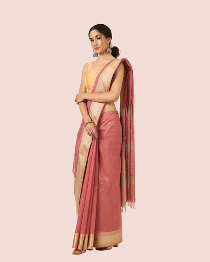 Peach Maheshwari Handwoven Silk Cotton With Gold Jari Butti Pallu