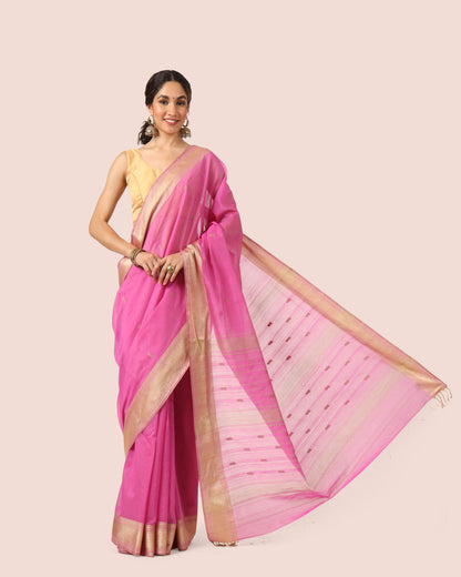 Pink Maheshwari Handwoven Silk Cotton With Butti Pallu