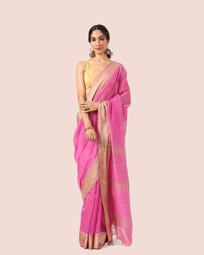 Pink Maheshwari Handwoven Silk Cotton With Butti Pallu