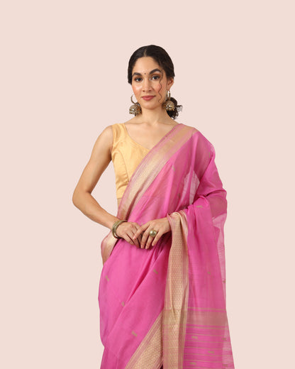 Pink Maheshwari Handwoven Silk Cotton With Butti Pallu