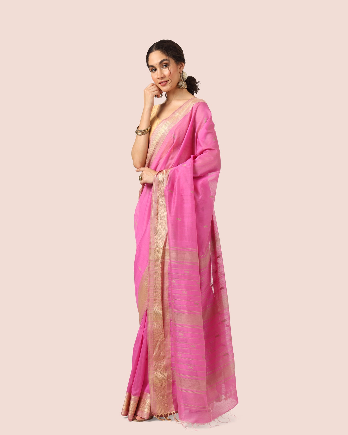 Pink Maheshwari Handwoven Silk Cotton With Butti Pallu