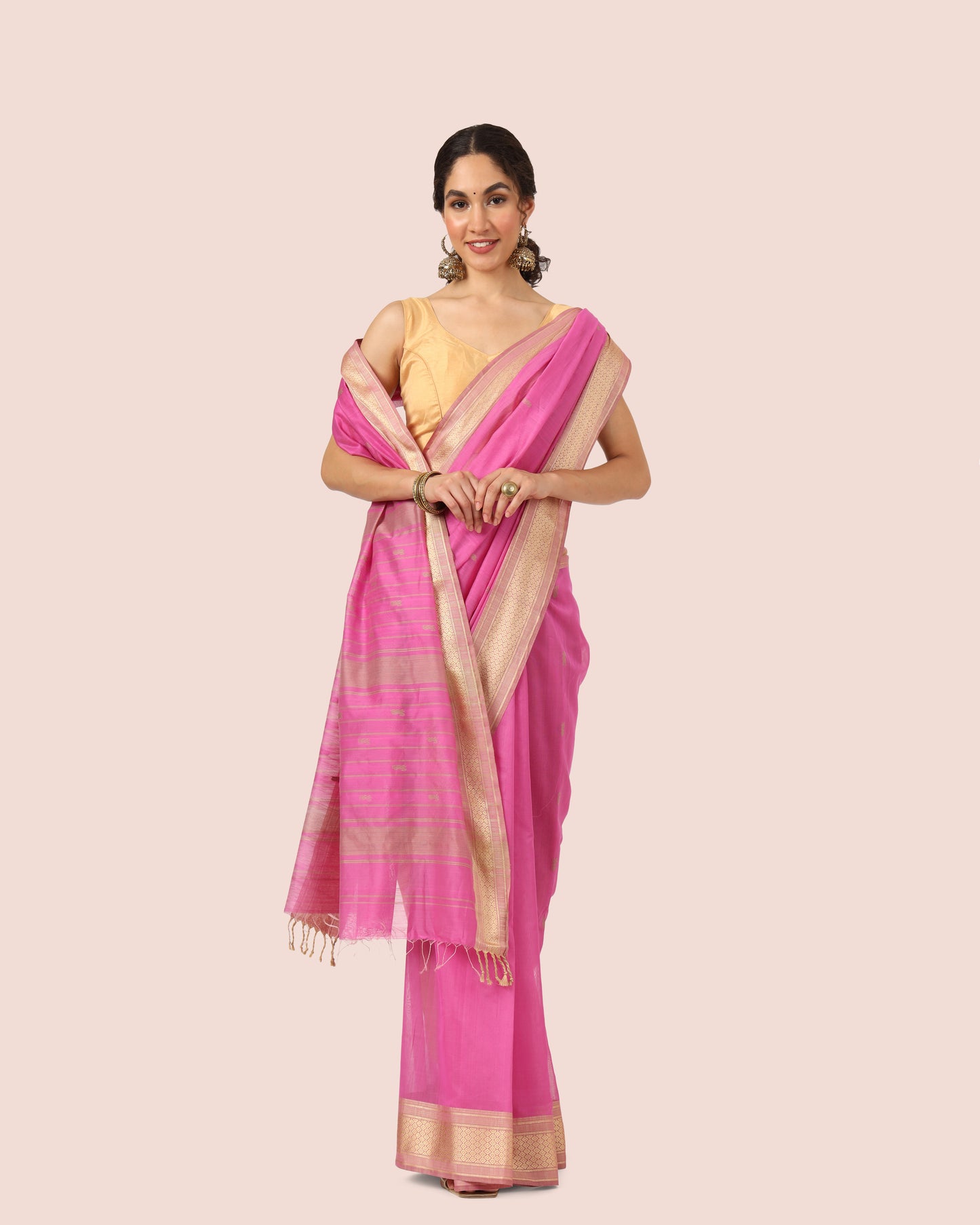 Pink Maheshwari Handwoven Silk Cotton With Butti Pallu