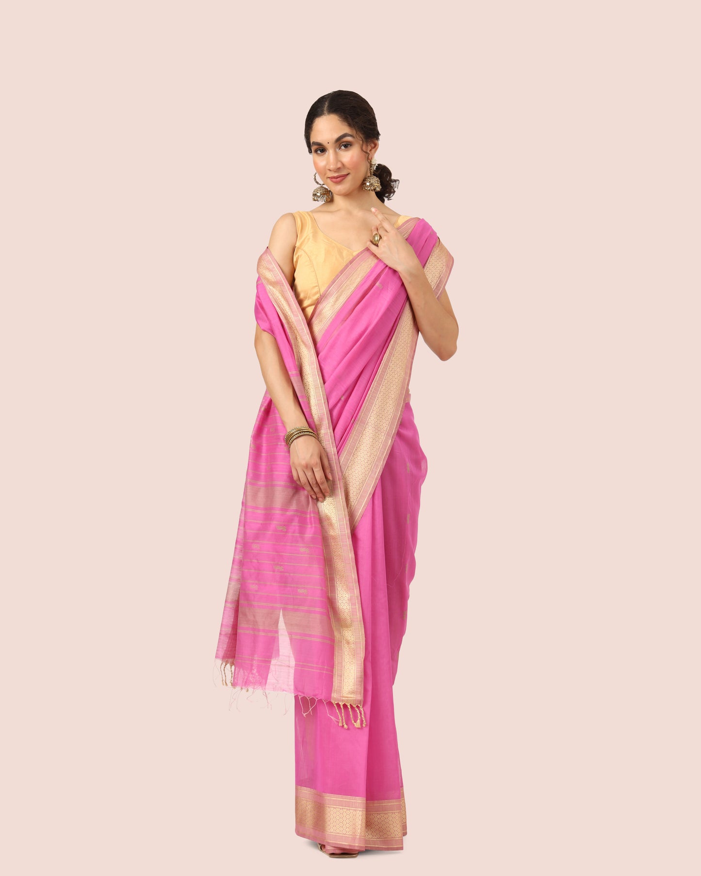 Pink Maheshwari Handwoven Silk Cotton With Butti Pallu