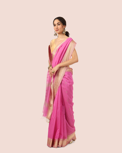 Pink Maheshwari Handwoven Silk Cotton With Butti Pallu