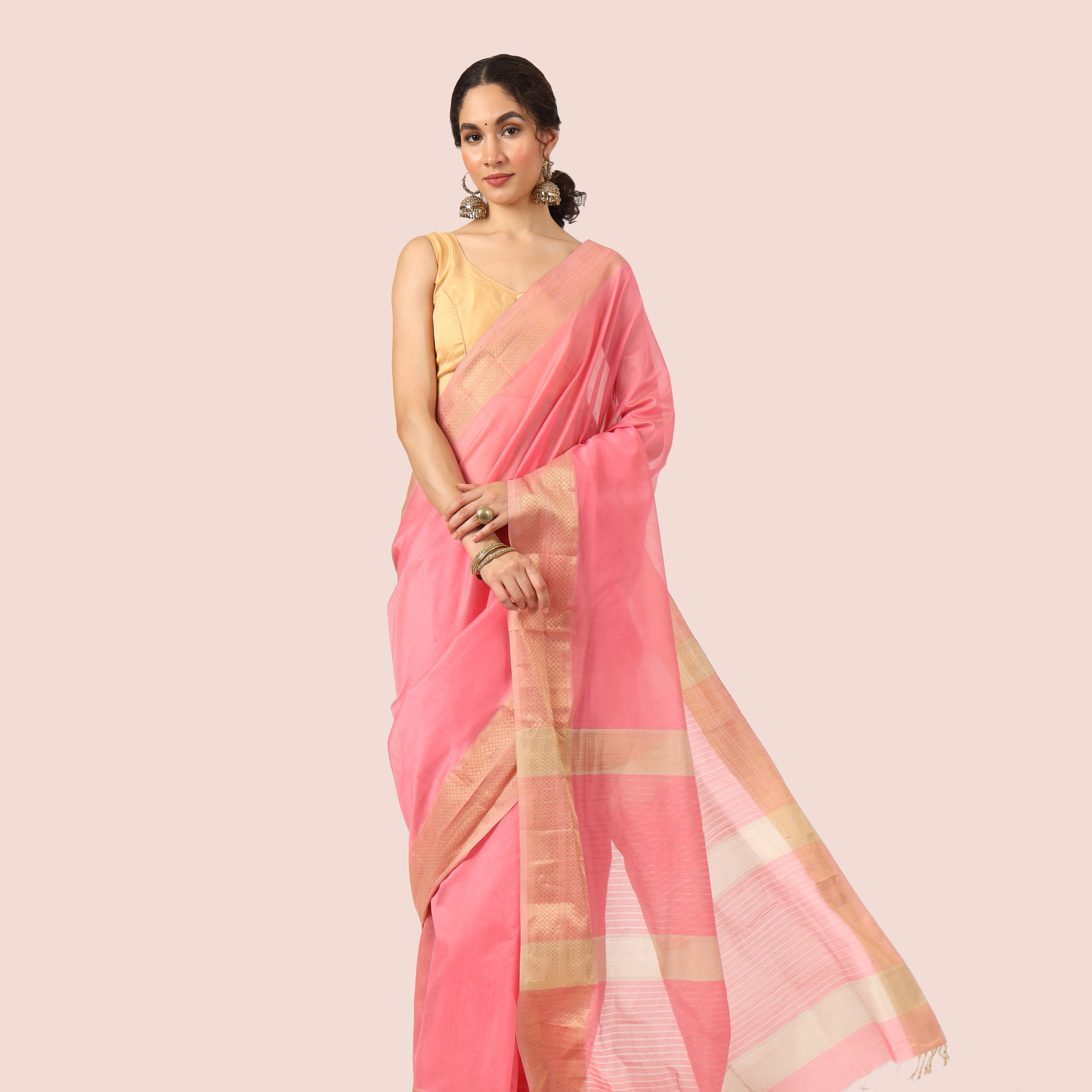 Peach Maheshwari Handwoven Silk Cotton With Resham Border