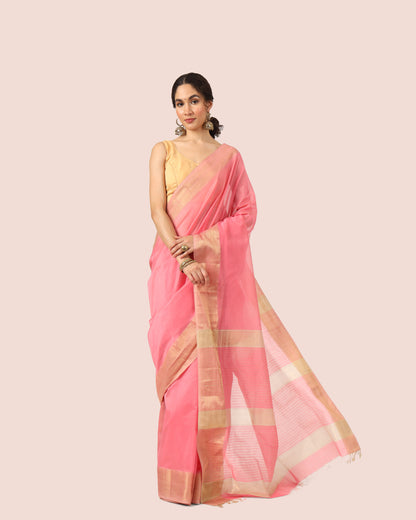 Peach Maheshwari Handwoven Silk Cotton With Resham Border