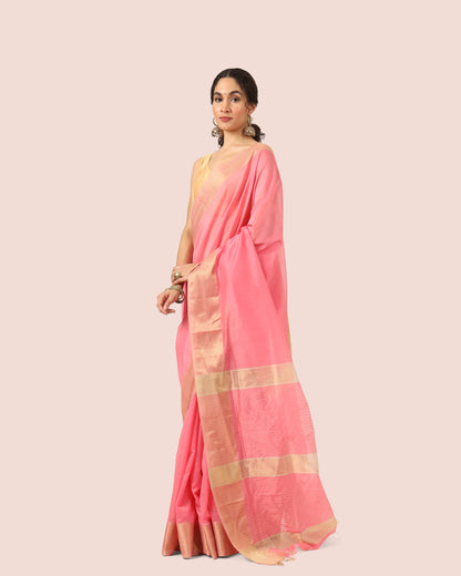 Peach Maheshwari Handwoven Silk Cotton With Resham Border