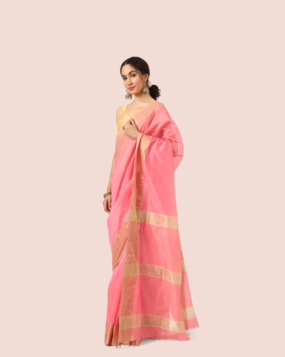 Peach Maheshwari Handwoven Silk Cotton With Resham Border