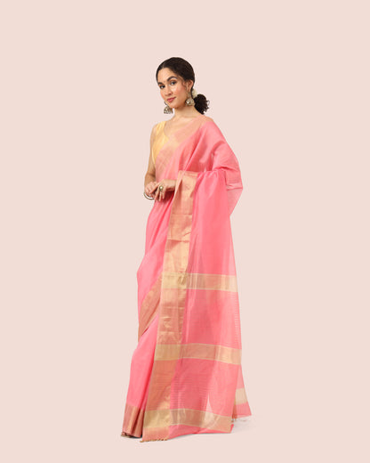 Peach Maheshwari Handwoven Silk Cotton With Resham Border