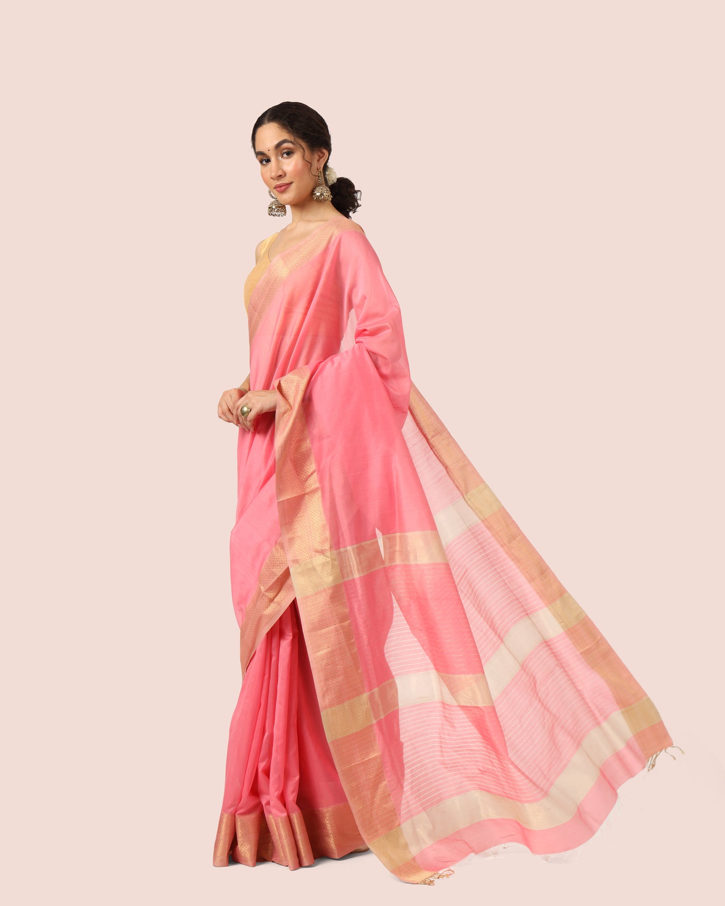 Peach Maheshwari Handwoven Silk Cotton With Resham Border