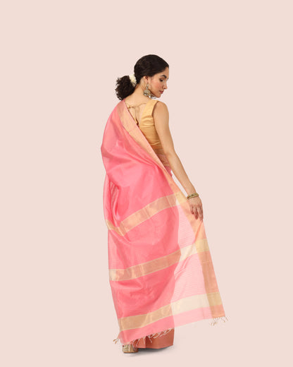 Peach Maheshwari Handwoven Silk Cotton With Resham Border