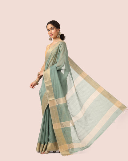 Sage Green Maheshwari Handwoven Silk Cotton with Resham Border