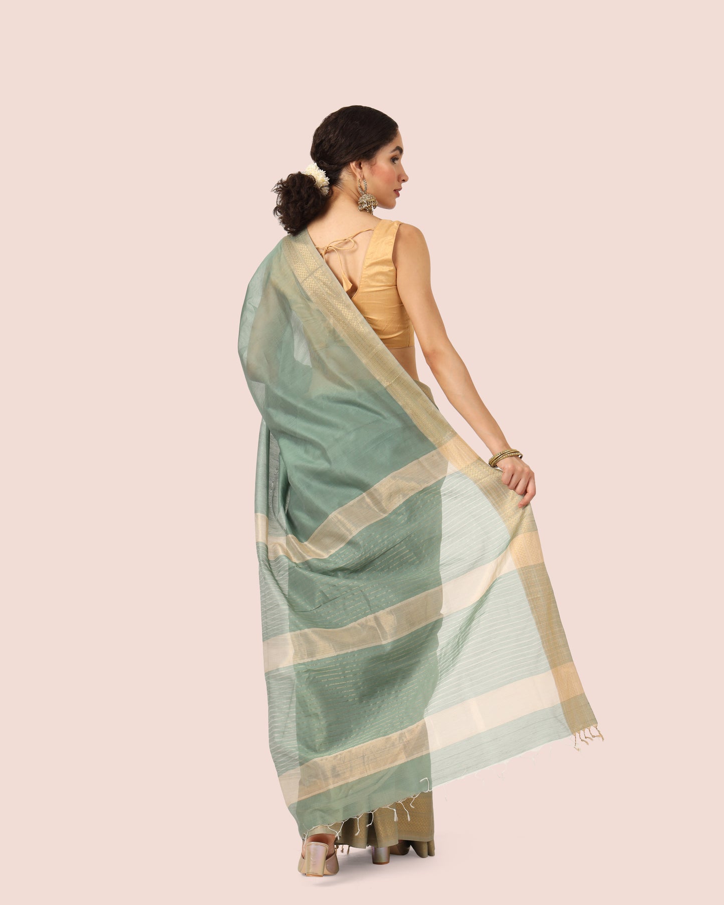 Sage Green Maheshwari Handwoven Silk Cotton with Resham Border