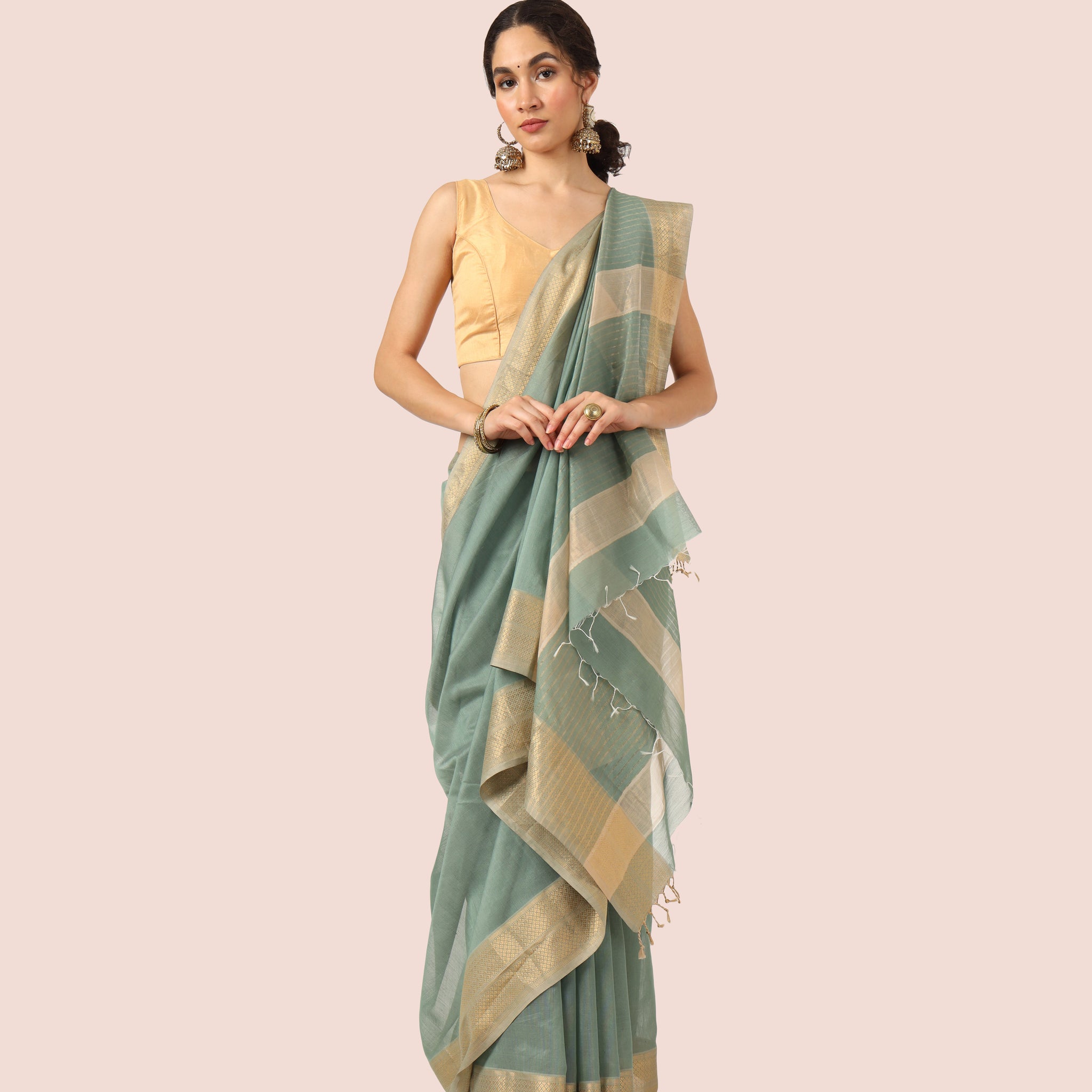Sage Green Maheshwari Handwoven Silk Cotton with Resham Border