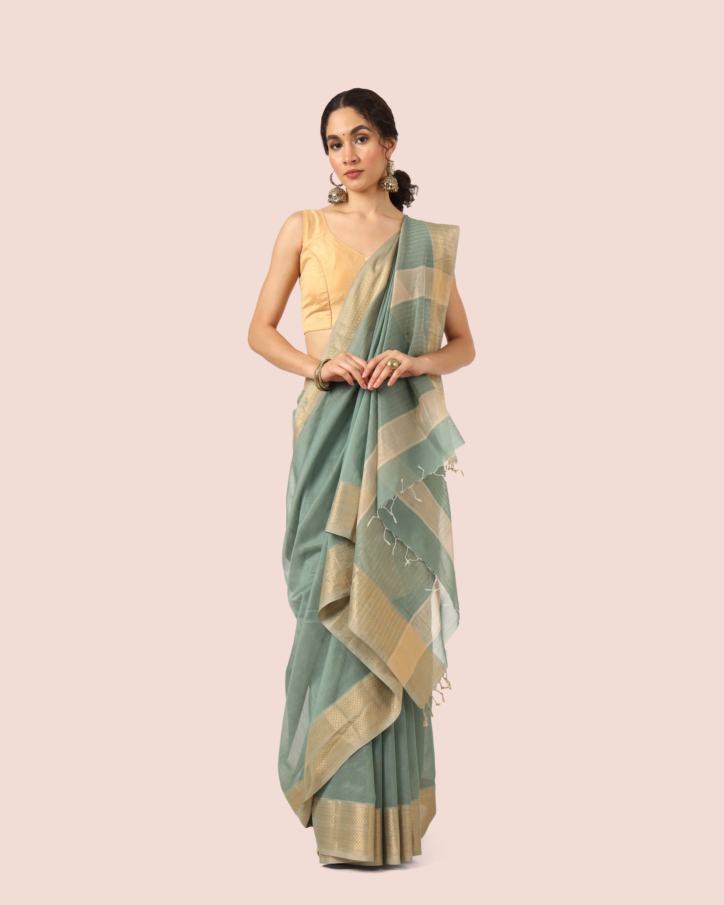 Sage Green Maheshwari Handwoven Silk Cotton with Resham Border