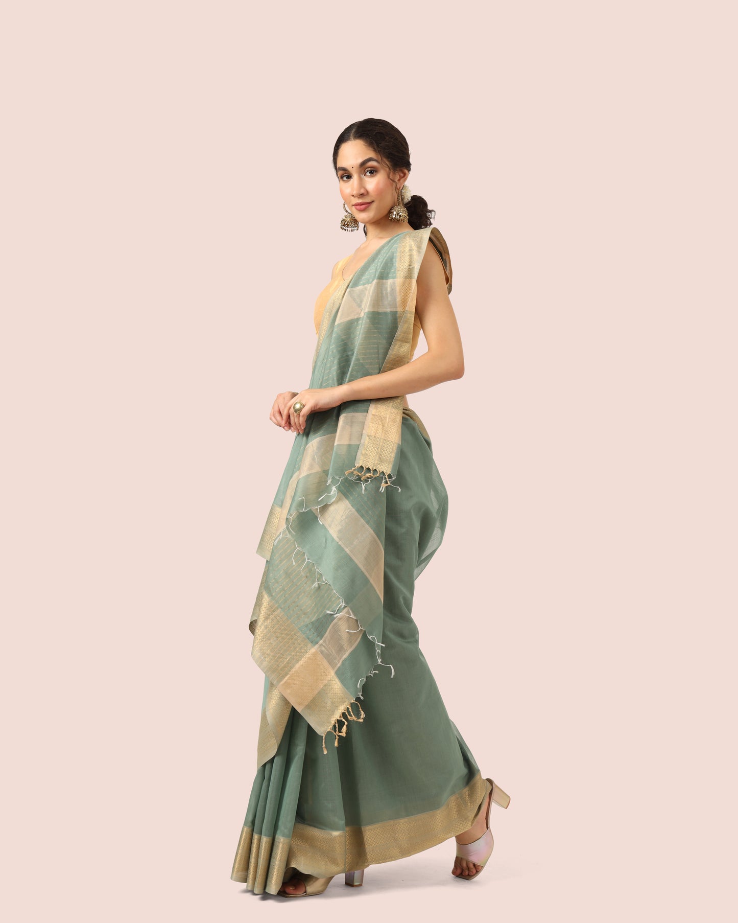 Sage Green Maheshwari Handwoven Silk Cotton with Resham Border