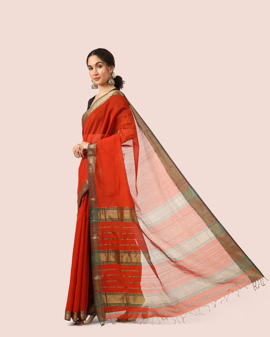 Rust Red Maheshwari Handwoven Silk Cotton With Jari Border