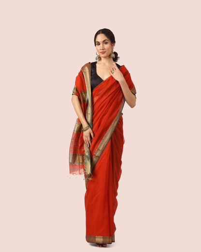 Rust Red Maheshwari Handwoven Silk Cotton With Jari Border