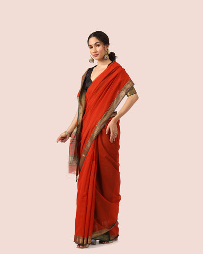 Rust Red Maheshwari Handwoven Silk Cotton With Jari Border