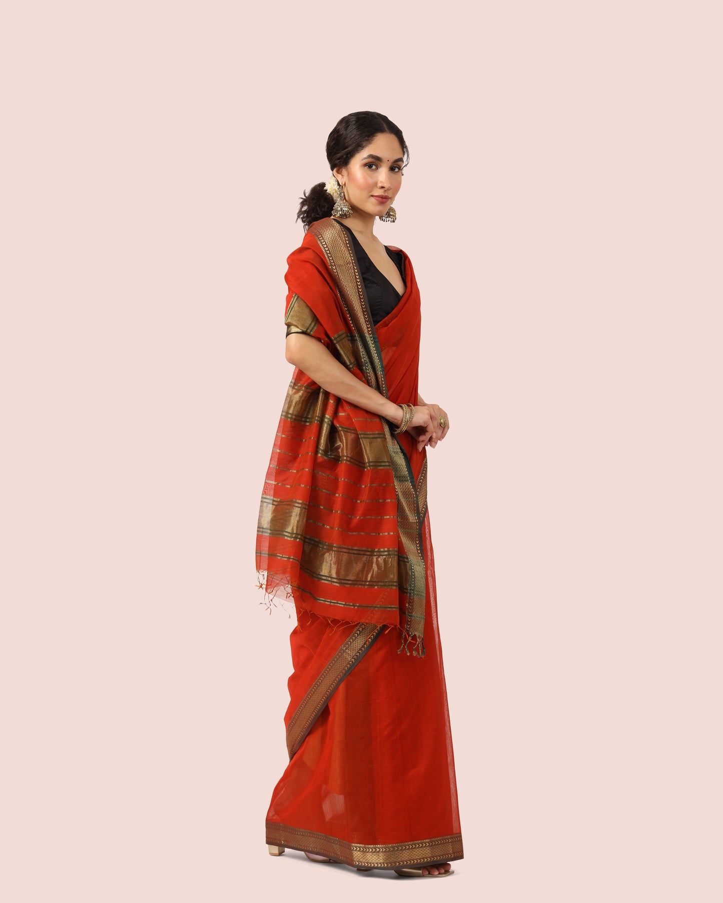 Rust Red Maheshwari Handwoven Silk Cotton With Jari Border