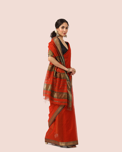 Rust Red Maheshwari Handwoven Silk Cotton With Jari Border