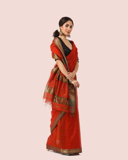 Rust Red Maheshwari Handwoven Silk Cotton With Jari Border