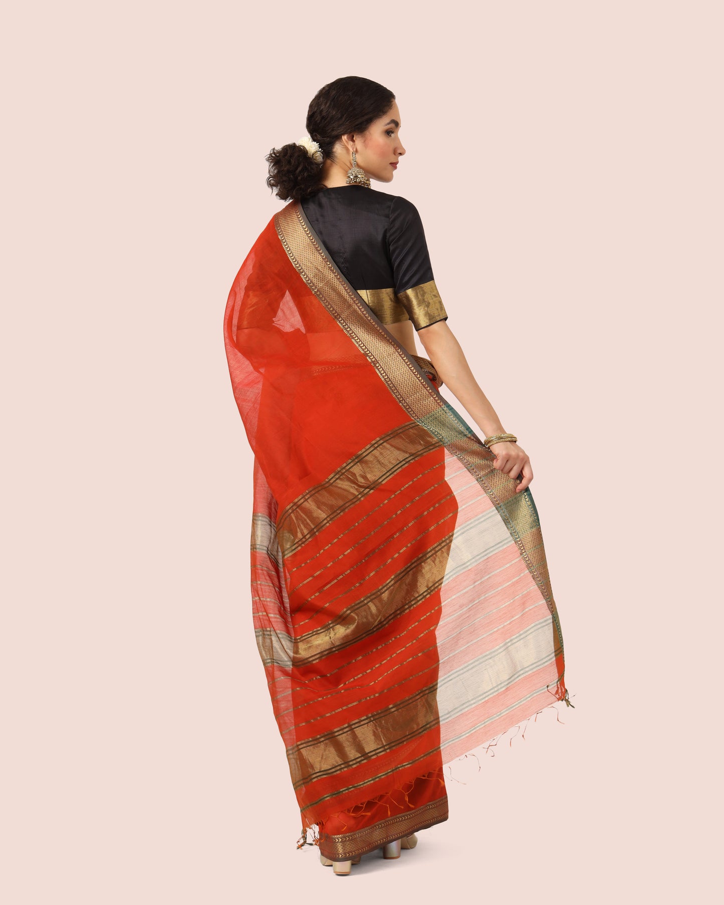 Rust Red Maheshwari Handwoven Silk Cotton With Jari Border