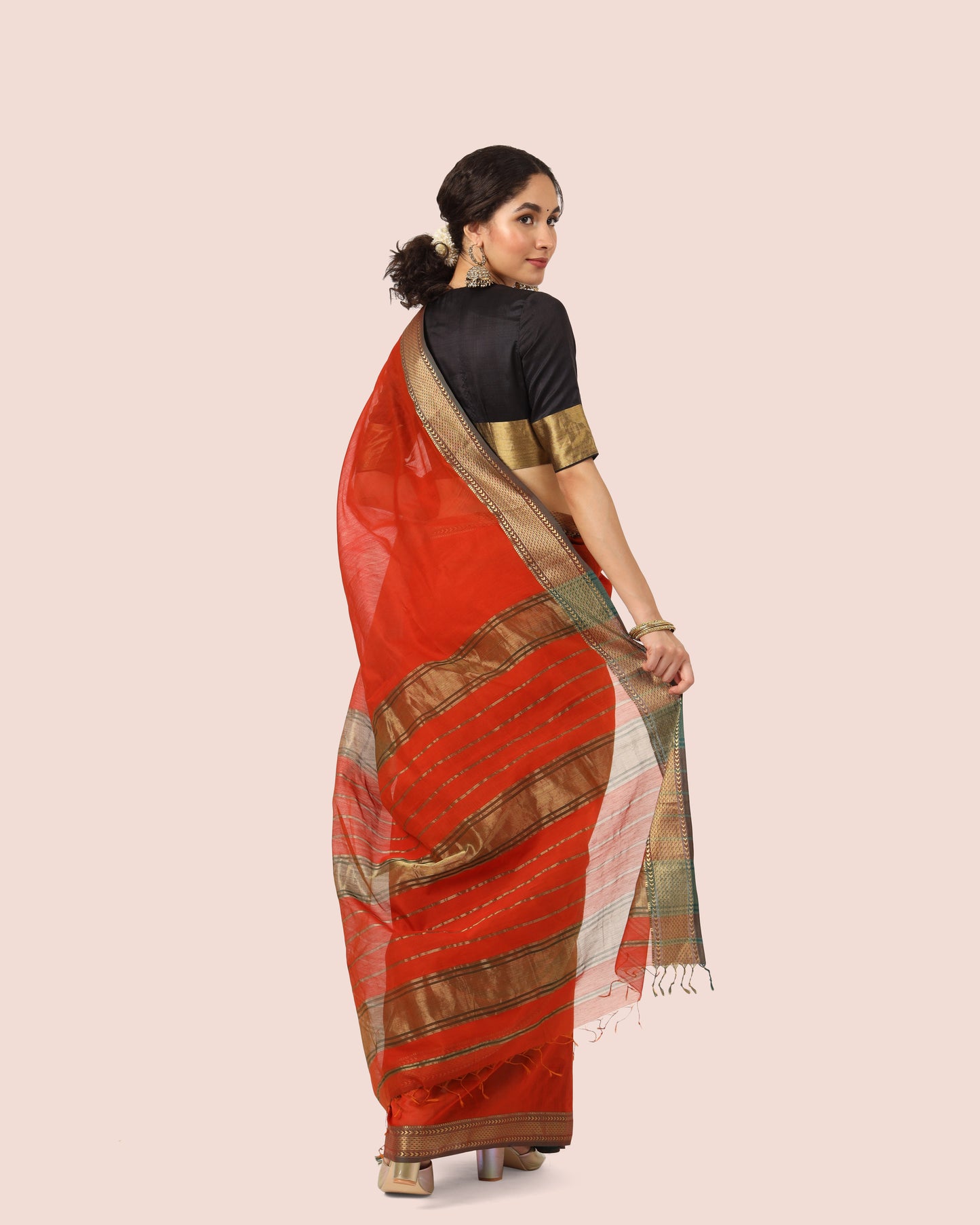 Rust Red Maheshwari Handwoven Silk Cotton With Jari Border