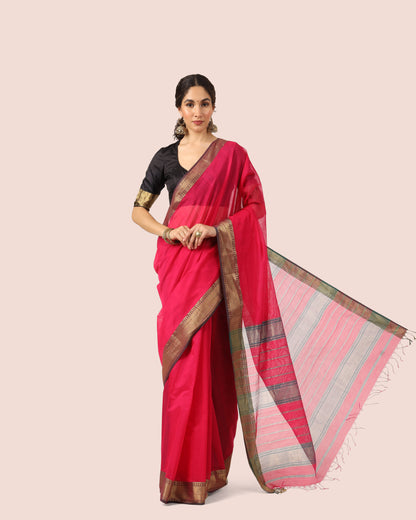 Ruby Red Maheshwari Handwoven Silk Cotton with Jari Border