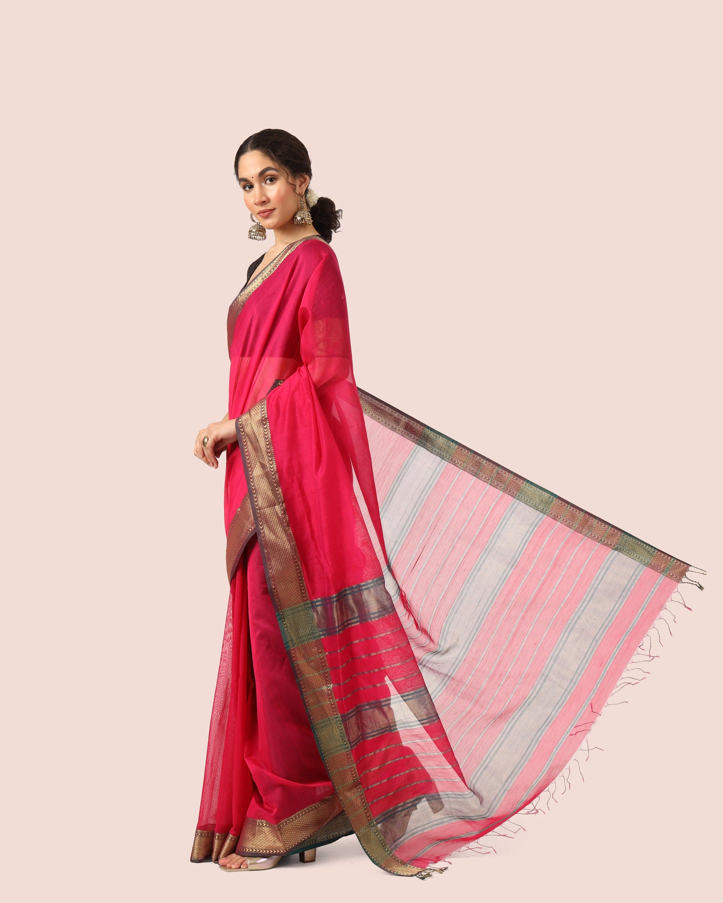 Ruby Red Maheshwari Handwoven Silk Cotton with Jari Border