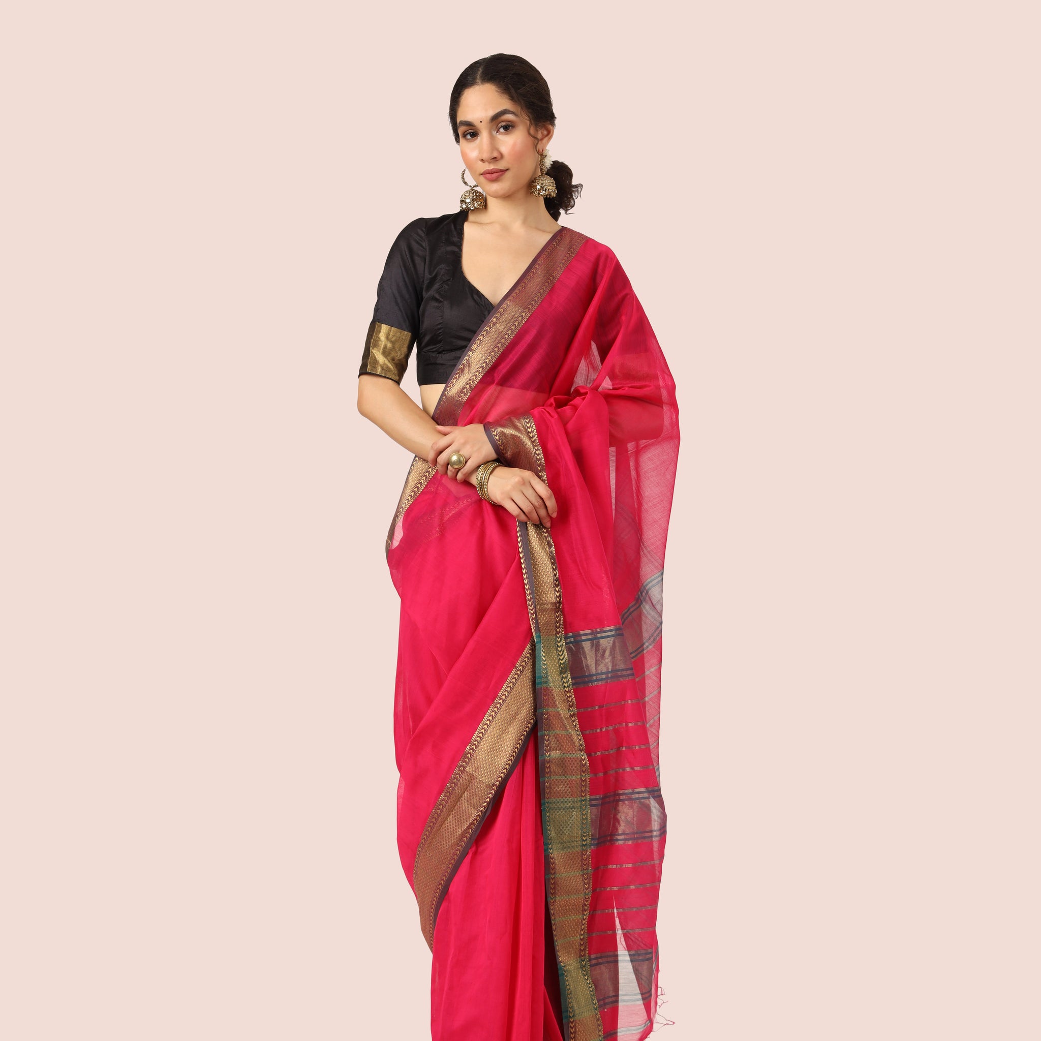 Ruby Rani Pink Maheshwari Handwoven Silk Cotton with Jari Border