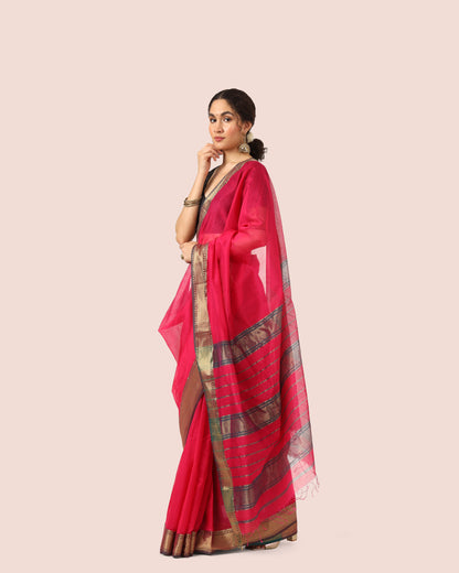 Ruby Red Maheshwari Handwoven Silk Cotton with Jari Border