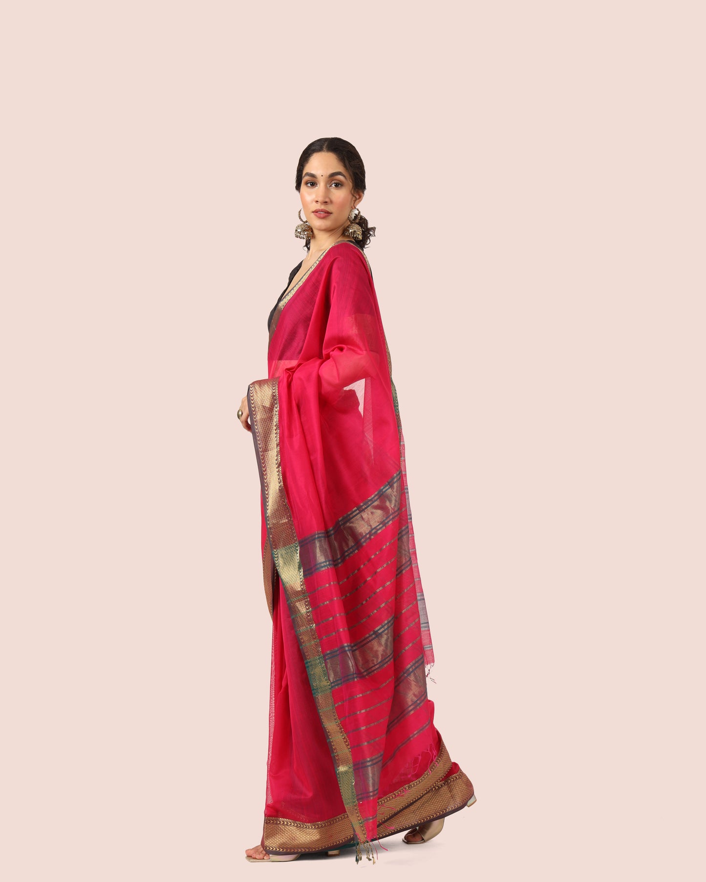 Ruby Red Maheshwari Handwoven Silk Cotton with Jari Border